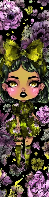 Free kawaii bookmark featuring a girl with olive green and purple floral accents